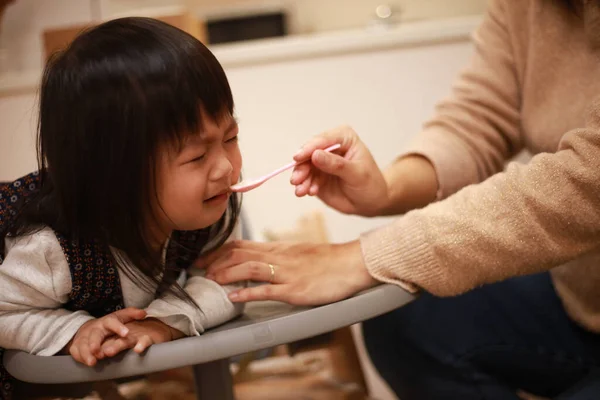 Porträt Eines Kleinen Japanischen Mädchens Das Hause Reis Isst — Stockfoto