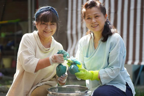 Ιαπωνέζες Ηλικιωμένες Βάφουν Υφάσματα Χρώμα Indigo — Φωτογραφία Αρχείου