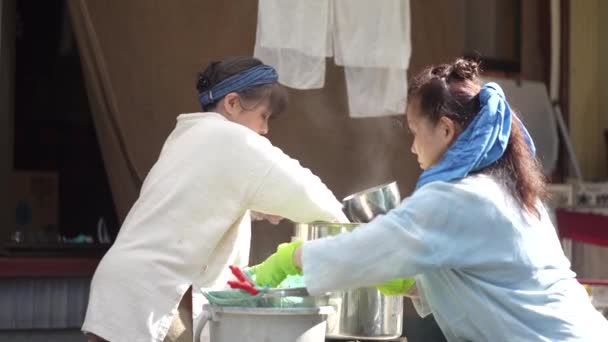 Japanese Senior Women Dyeing Cloth Indigo Color — Stock Video