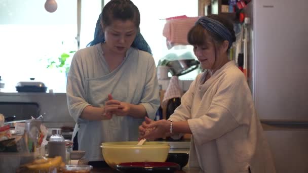 Senior Women Making Rice Balls Kitchen — Stock Video