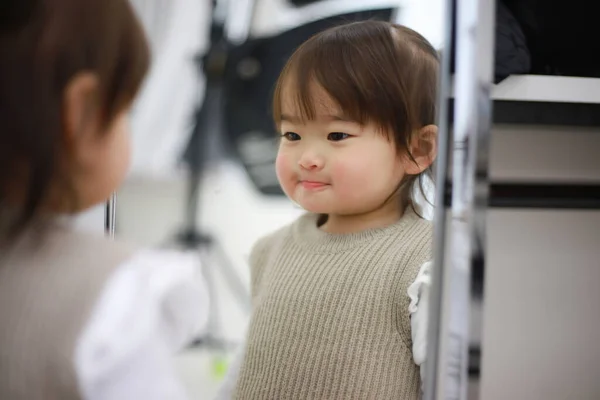 Adorable Little Asian Girl Looking Reflection Mirror — Stock Photo, Image