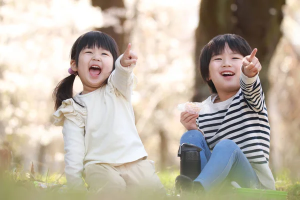 Lycklig Asiatisk Pojke Och Flicka Parken — Stockfoto