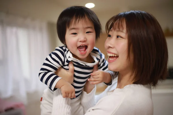 Smiling Asian Young Woman Her Little Son — Stock Photo, Image