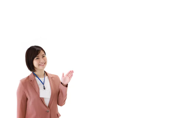 Jovem Asiático Mulher Negócios Mostrando Mão Isolado Fundo — Fotografia de Stock