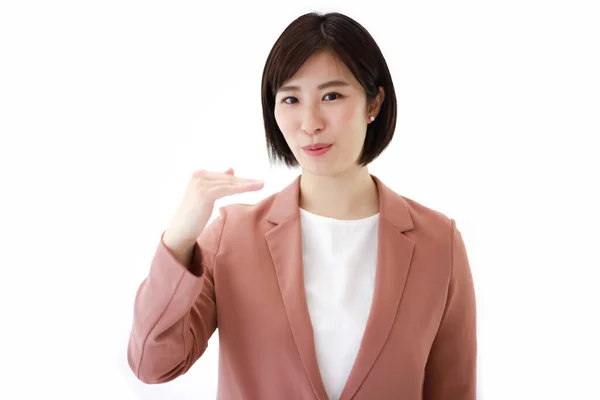 Jovem Asiático Mulher Negócios Mostrando Mão Isolado Fundo — Fotografia de Stock