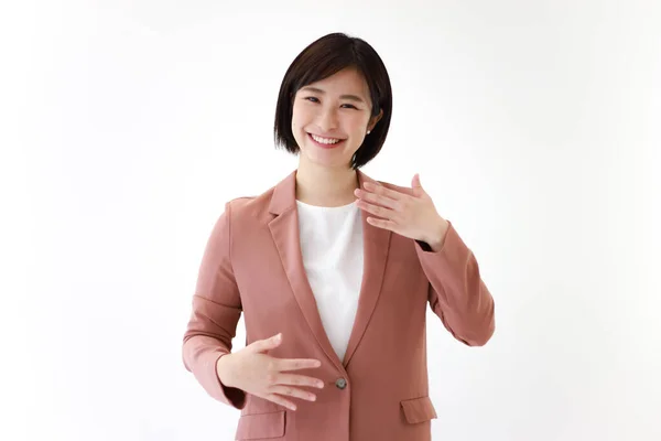 Jovem Asiático Mulher Negócios Mostrando Mãos Isolado Fundo — Fotografia de Stock