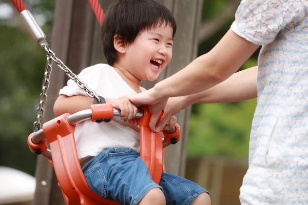 Asian Mother Her Son Playground — Stock Photo, Image