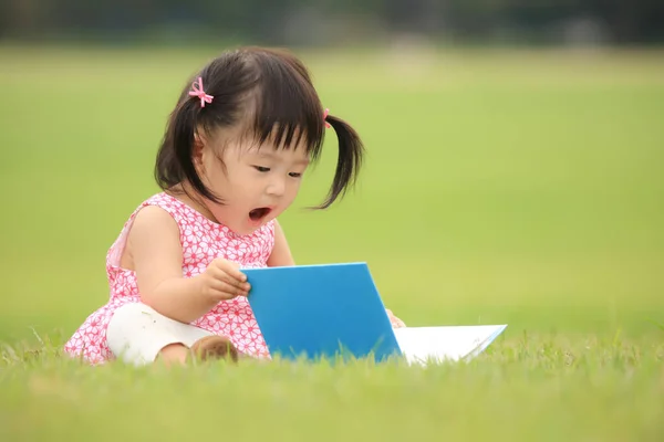 Милая Маленькая Девочка Играет Книгой Парке — стоковое фото