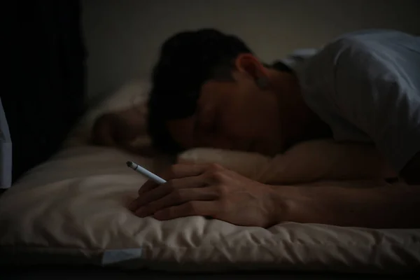 Asian Man Sleeping Bed Burning Cigarette — Stock Photo, Image