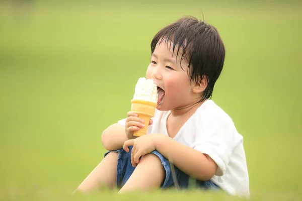 Piccolo Ragazzo Mangiare Gelato Nel Parco — Foto Stock