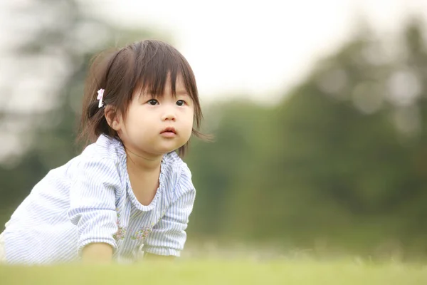Porträtt Liten Japansk Flicka Parken Gräs — Stockfoto