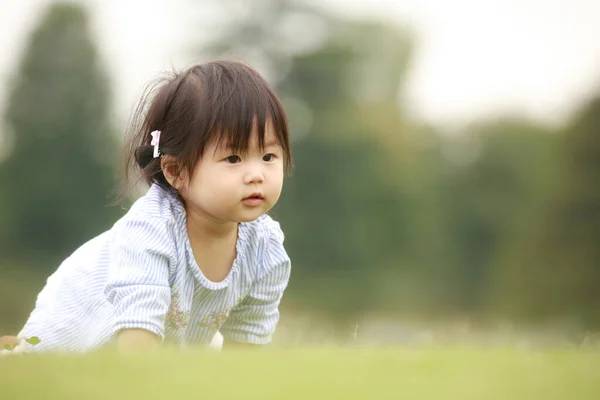 Retrato Una Niña Japonesa Parque Sobre Hierba — Foto de Stock