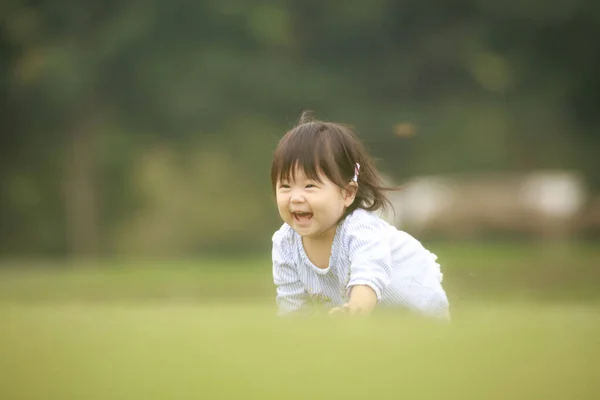 Porträt Eines Kleinen Japanischen Mädchens Park Auf Gras — Stockfoto