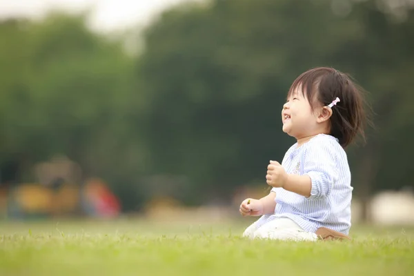 Porträt Eines Kleinen Japanischen Mädchens Park Auf Gras — Stockfoto