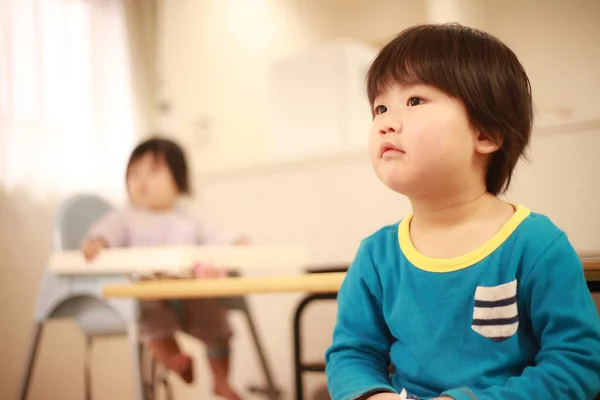 Portrait Cute Little Boy Stay Table Listening Lesson — Stock Photo, Image