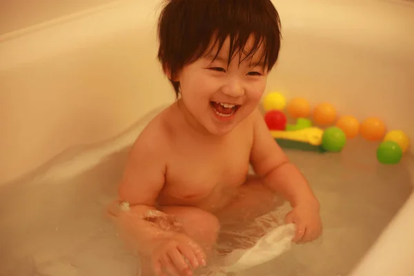 Little Japanese Boy Having Fun Bathroom — Stock Photo, Image