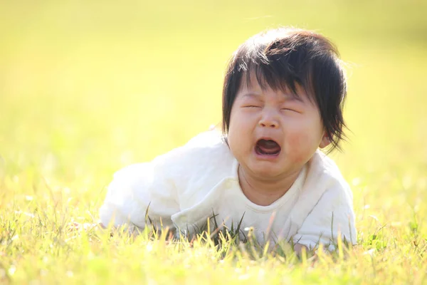 亚洲女孩在夏天的草坪上哭泣 — 图库照片