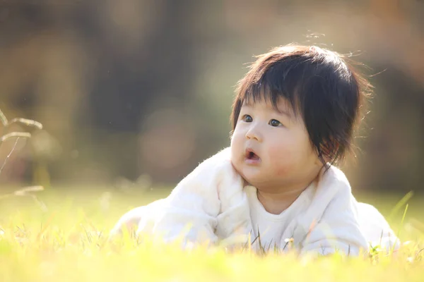 Asiatique Fille Sur Été Pelouse — Photo