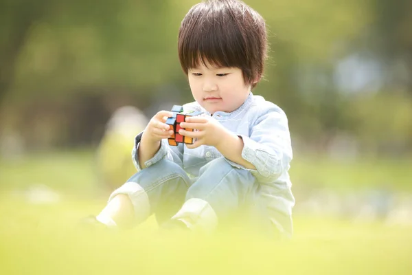Αγόρι Παίζει Έναν Κύβο Παιχνιδιού Στο Γκαζόν — Φωτογραφία Αρχείου