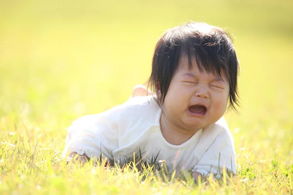 夏の芝生の上で泣いているアジアの女の子 — ストック写真
