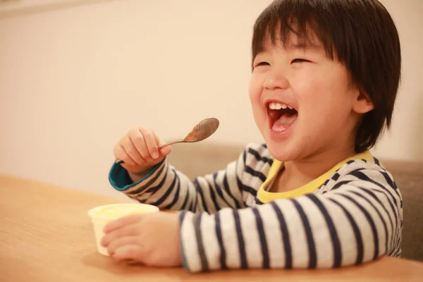 Asian Cute Little Boy Eating Kitchen — Stock Photo, Image