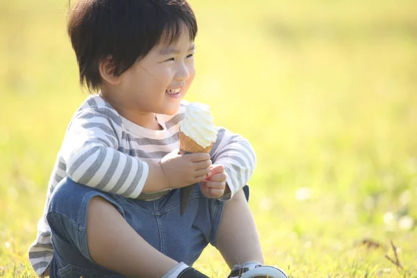 Menino Comer Sorvete Parque — Fotografia de Stock