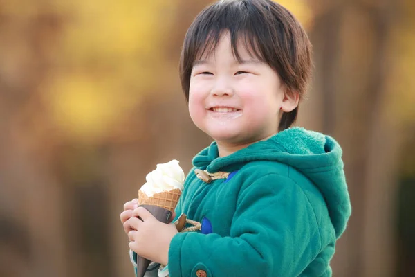 Junge Isst Sein Eis Park — Stockfoto