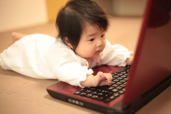 Asiático Bebê Jogar Com Laptop Computador — Fotografia de Stock