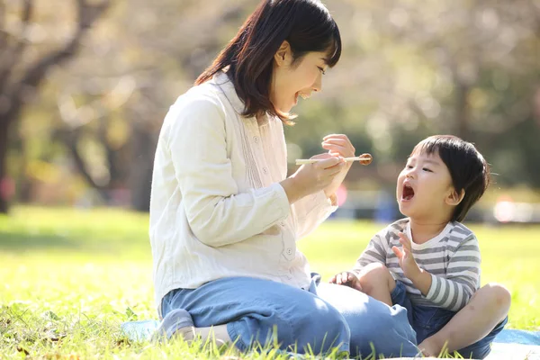 Asian Mother Having Lunch Her Son Park Stock Image