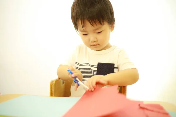 Asian Baby Boy Playing Scissors — Stock Photo, Image