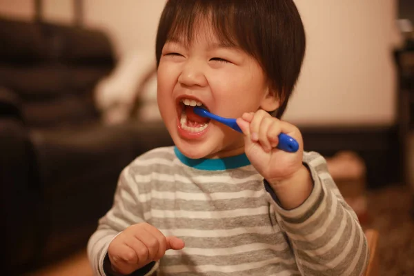 Malý Japonský Chlapec Čistí Zuby Modrým Kartáčkem — Stock fotografie