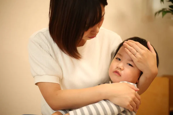 Asian Mother Her Little Son Having Fever — Stock Photo, Image