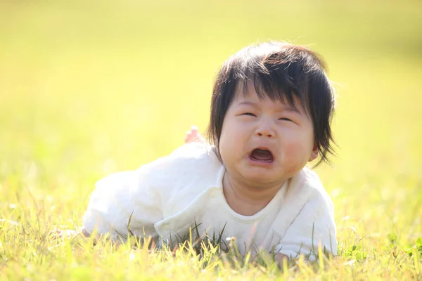 Asiatische Mädchen Auf Einem Sommer Rasen Weinen — Stockfoto
