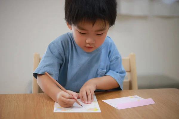 Asiatique Petit Garçon Dessin Maison — Photo