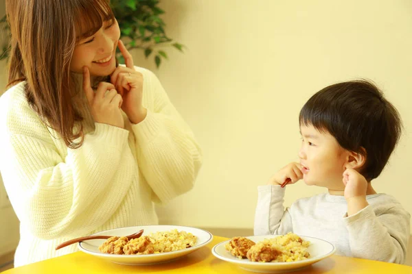 Mother Son Eating Breakfast Together Home — Stock Photo, Image