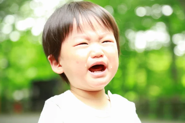 Bonito Triste Asiático Pouco Menino Com Lágrimas Parque — Fotografia de Stock