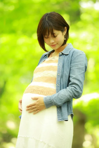 Όμορφη Ασιατική Έγκυος Γυναίκα Στο Πάρκο — Φωτογραφία Αρχείου