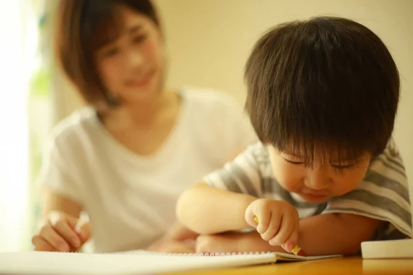 Cute Boy Drawing Home — Stock Photo, Image