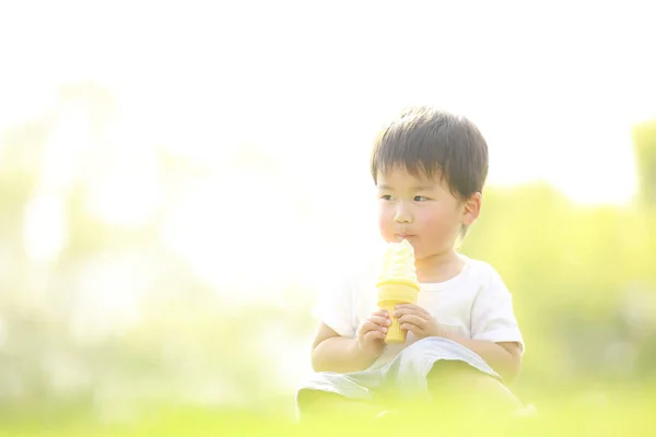 Carino Bambino Mangiare Gelato Parco — Foto Stock