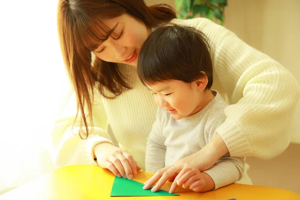 Young Mother Cute Little Son Spending Time Playing Educational Game — Stock Photo, Image