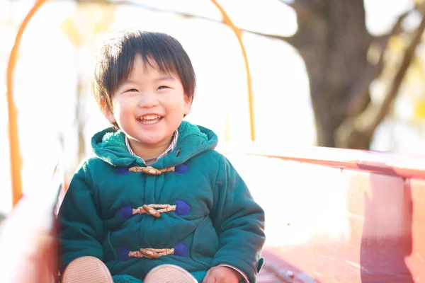 Cute Asian Little Boy Smiling Park — Stock Photo, Image