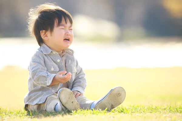 Asiático Pequeño Niño Llorando Parque Aire Libre —  Fotos de Stock