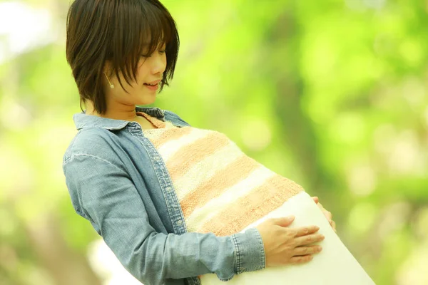 Hermosa Embarazada Asiático Mujer Parque —  Fotos de Stock