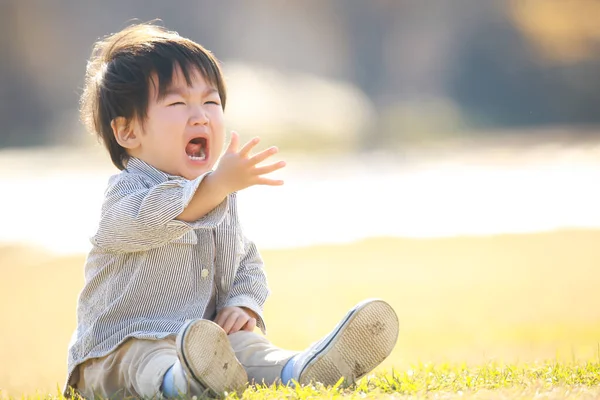 Cute Asian Little Boy Crying Park — Stock Photo, Image