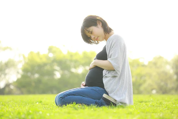 公園にいる若い美しいアジア系の妊婦は — ストック写真