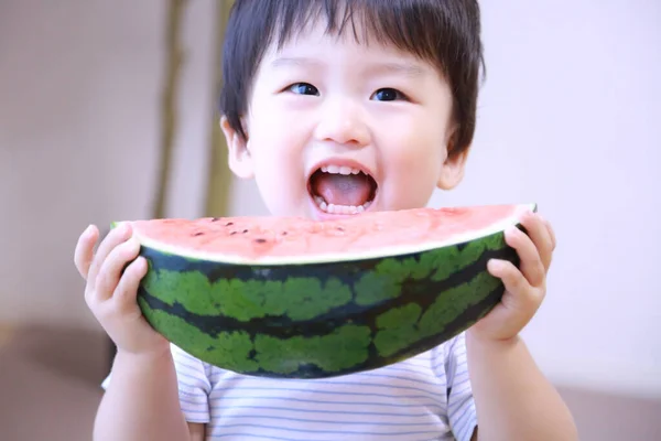 Cute Little Boy Eating Watermelon Home — Stock Photo, Image