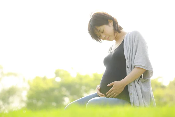 Young Beautiful Asian Pregnant Woman Park Stock Picture