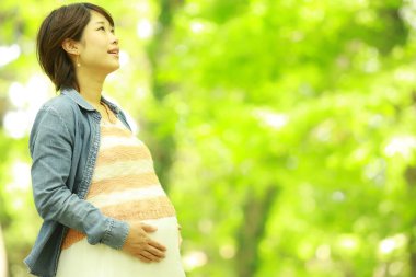 Parktaki güzel hamile Asyalı kadın.