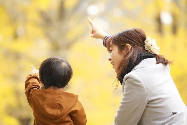 Young Asian Mother Her Little Boy Pointing Park — Stock Photo, Image