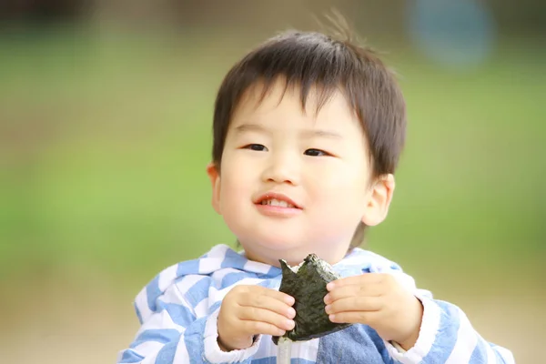 Portrait Cute Little Boy Eating Outdoors — Stock Photo, Image